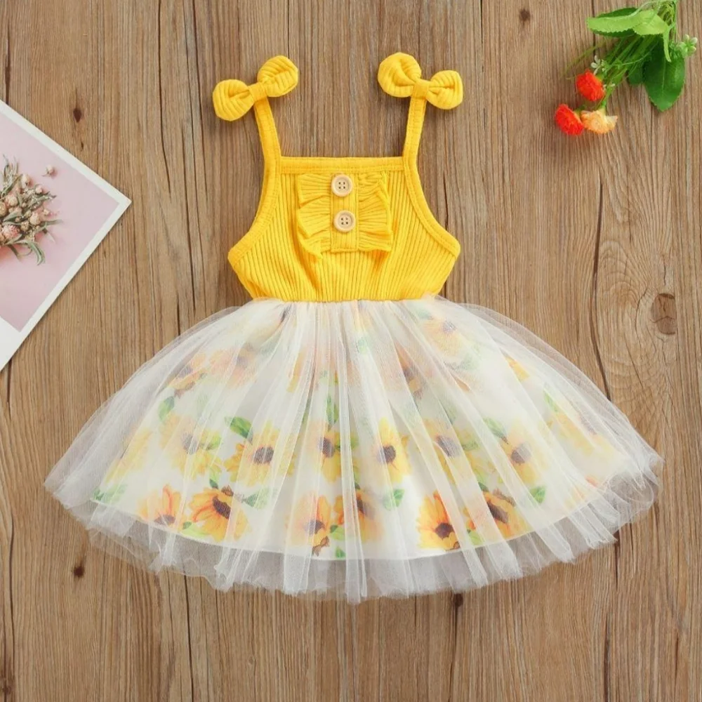 Toddler Girl Yellow Floral Tulle Dress Ribbed Sun Dress Ruffle Bodice 18-24M